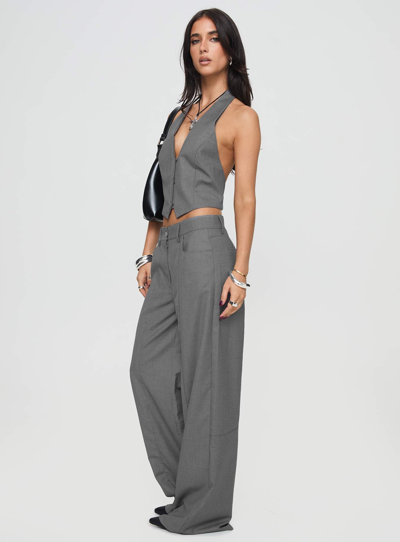 side view of model wearing Princess Polly Dawson Pants Slate Low Rise Pants 