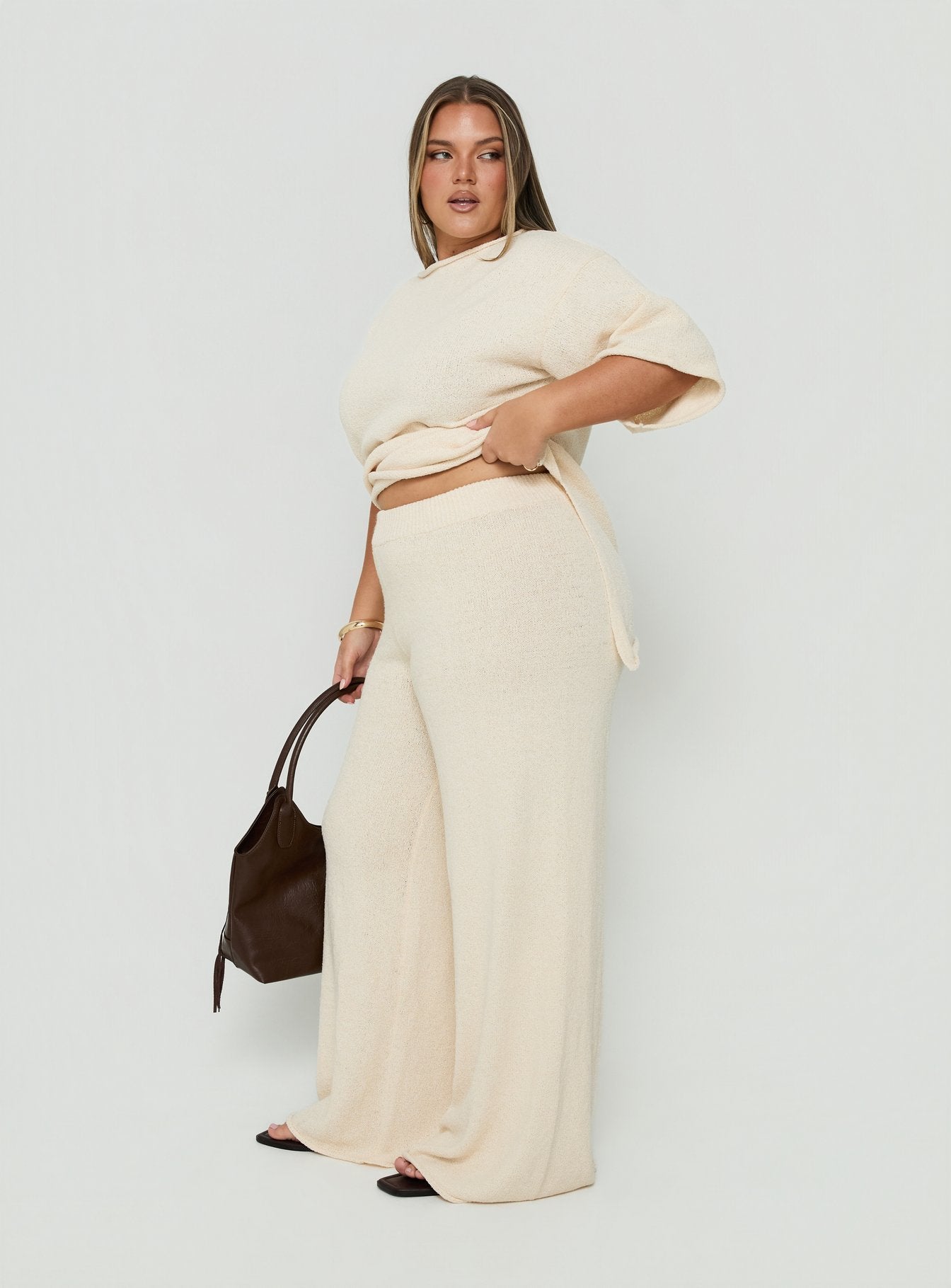 Calisse Knit Wide Leg Pants Beige Curve