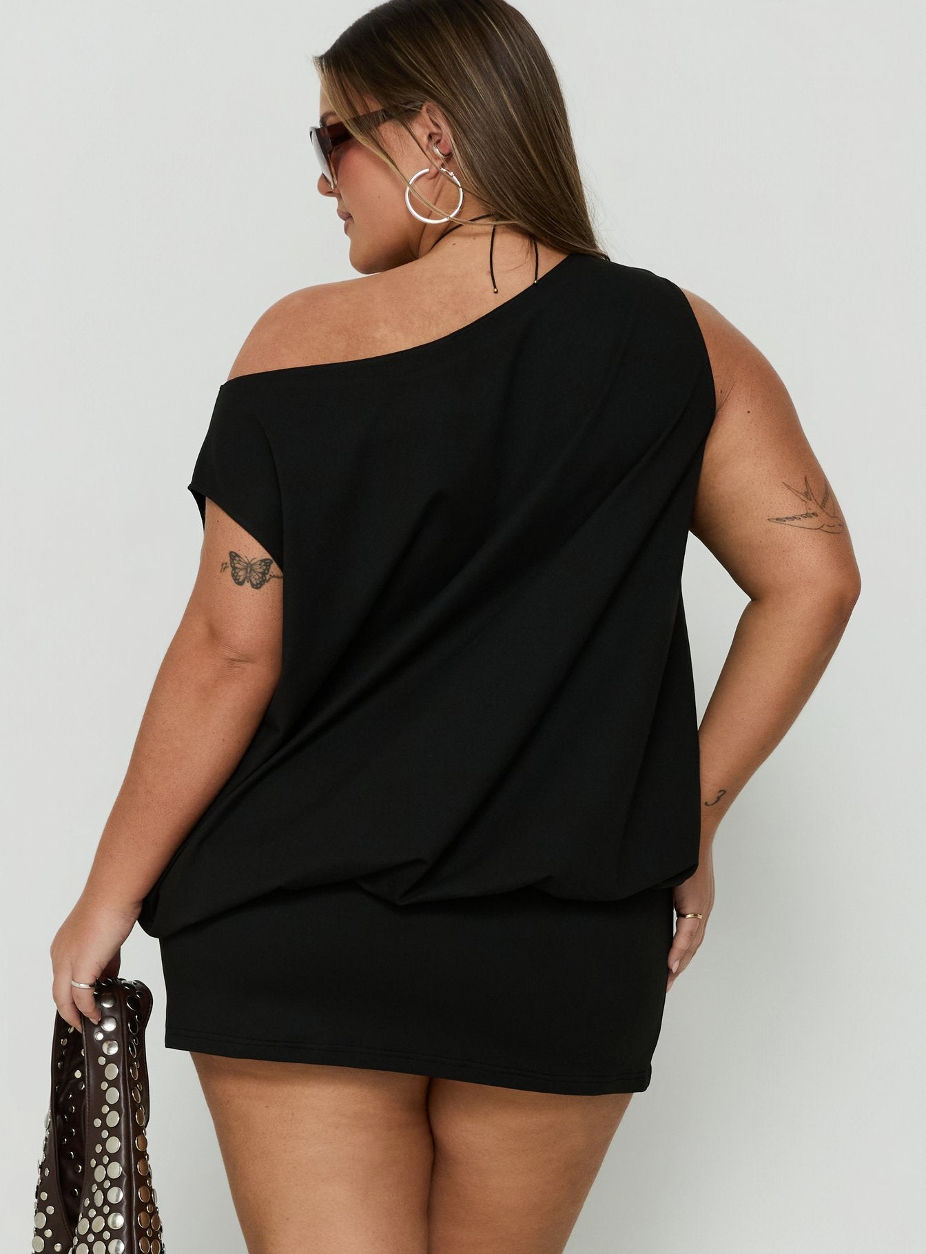 Ellah One Shoulder Drapey Mini Dress Black Curve