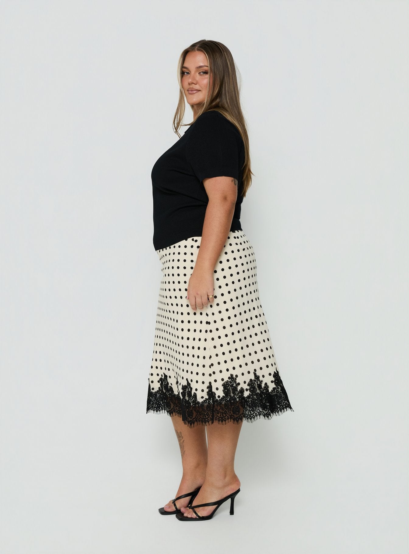 Downtown Scene Lace Trim Maxi Skirt Cream Polka Curve