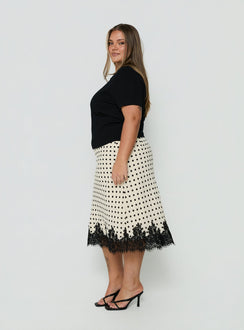 Downtown Scene Lace Trim Maxi Skirt Cream Polka Curve