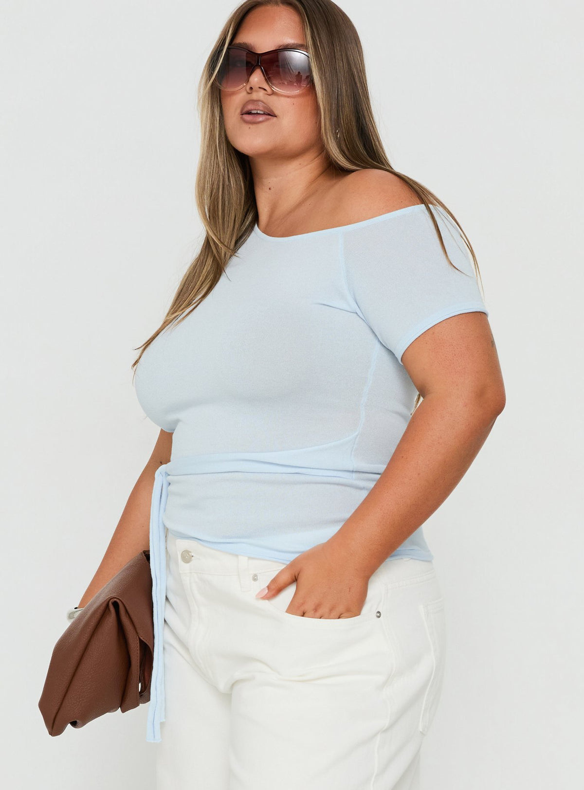 Kastor One Shoulder Short Sleeve Top Pale Blue Curve