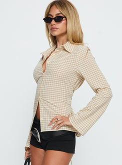 Eryx Tie Back Button Up Top Apricot Check