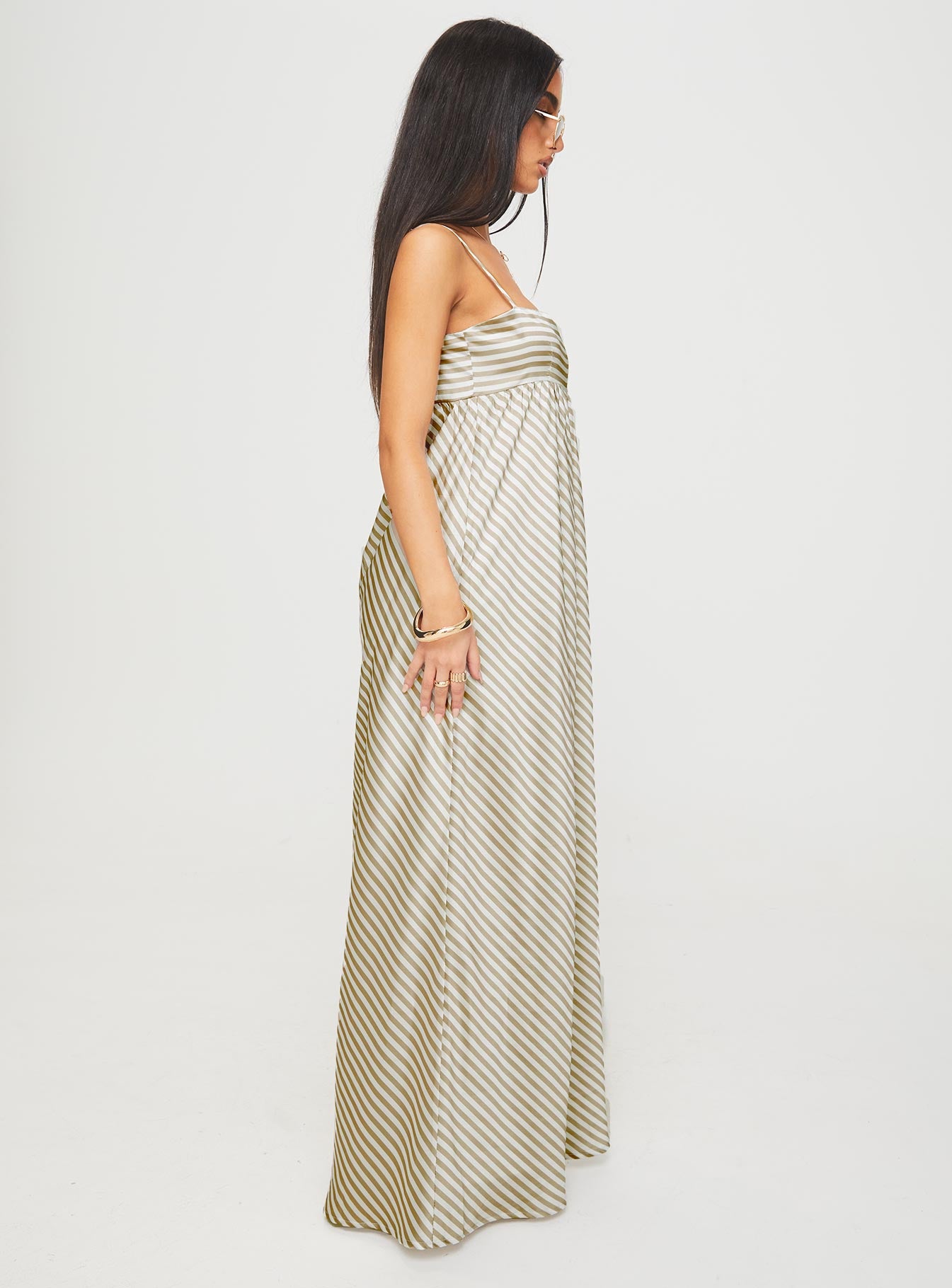 side view of model wearing Princess Polly Pansotti Maxi Dress Beige / White Stripe Square Neck 