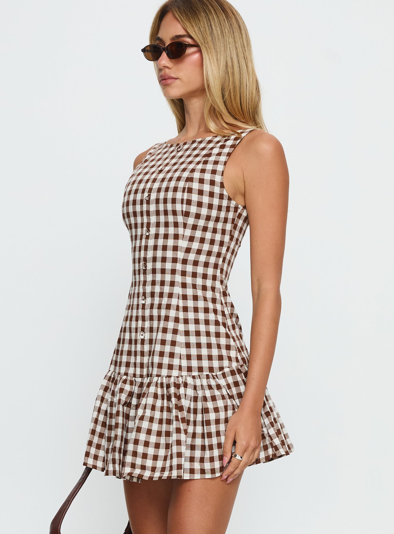 sanaly mini dress in mini gingham brown Rihoas Brown Plaid Sheath Dress