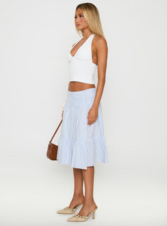   side view of model wearing Princess Polly Cascades Low Rise Midi Skirt Blue / White Stripe Midi Skirts 