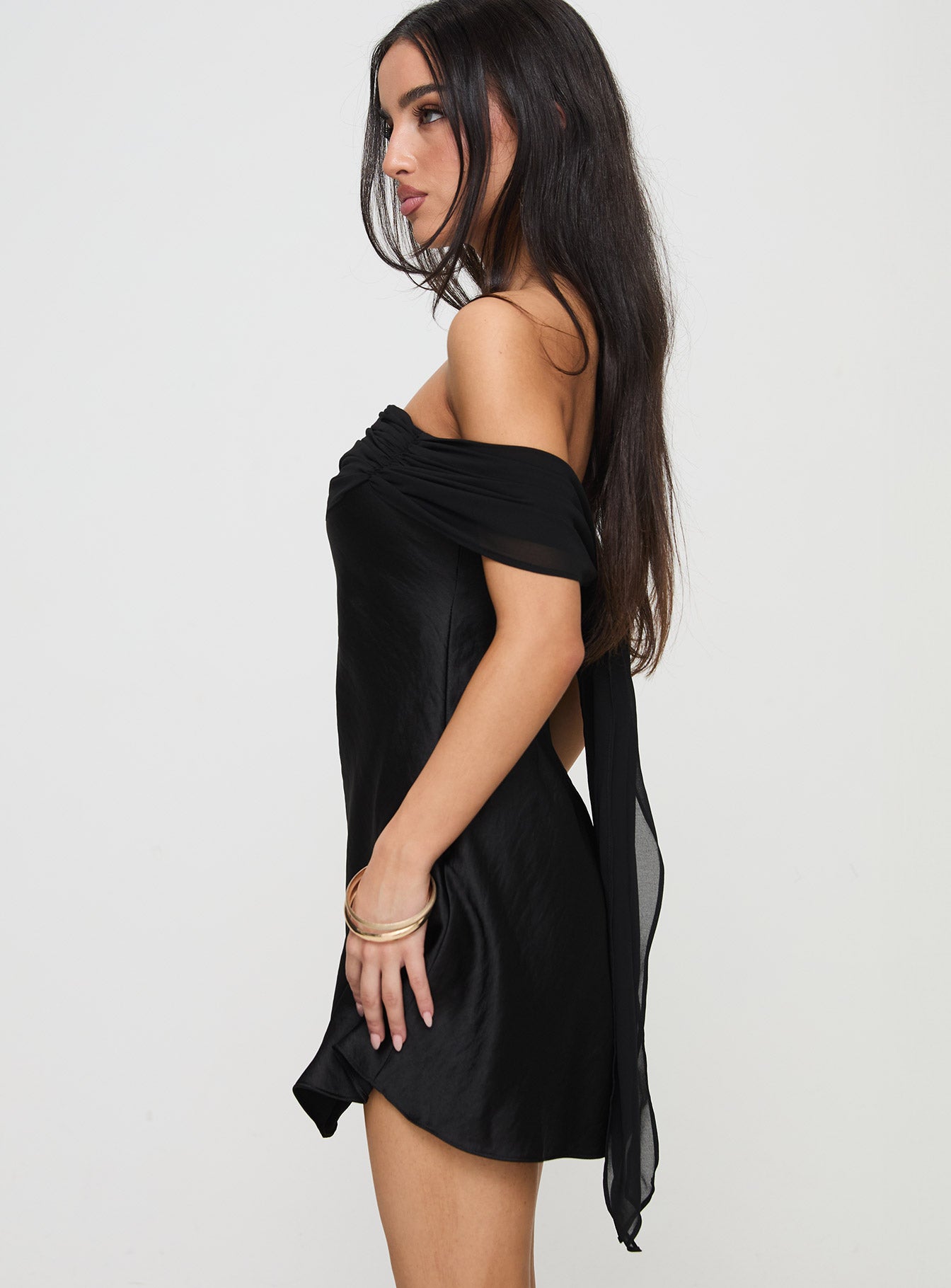adoration mini dress princess polly Princess Polly Adoration satin off the shoulder chiffon bow tie back mini dress in black