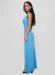 side view of model wearing Princess Polly Merielle Maxi Dress Blue Scoop Neck 