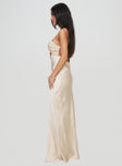 side view of model wearing Princess Polly Faviola Strapless Maxi Dress Champagne Sweetheart Neckline 