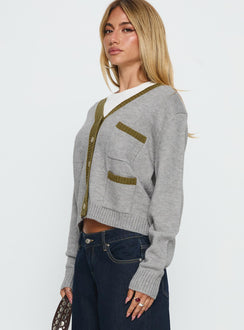 side view of model wearing Princess Polly Atira Contrast Knit Cardigan Grey Cropped 