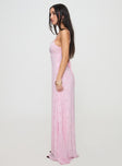 side view of model wearing Princess Polly South Of France Maxi Dress Pink Square Neck 