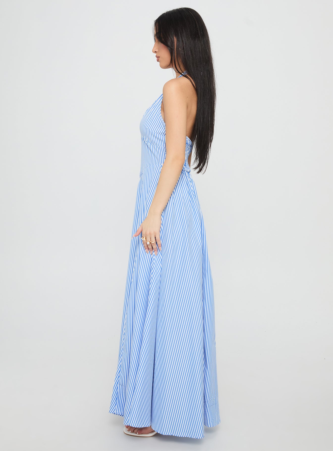 Ivie Halter Plunge Maxi Dress Blue Stripe | Princess Polly Ivie Halter Plunge Maxi Dress Blue Stripe | Princess Polly