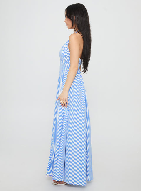 Ivie Halter Plunge Maxi Dress Blue Stripe | Princess Polly Ivie Halter Plunge Maxi Dress Blue Stripe | Princess Polly