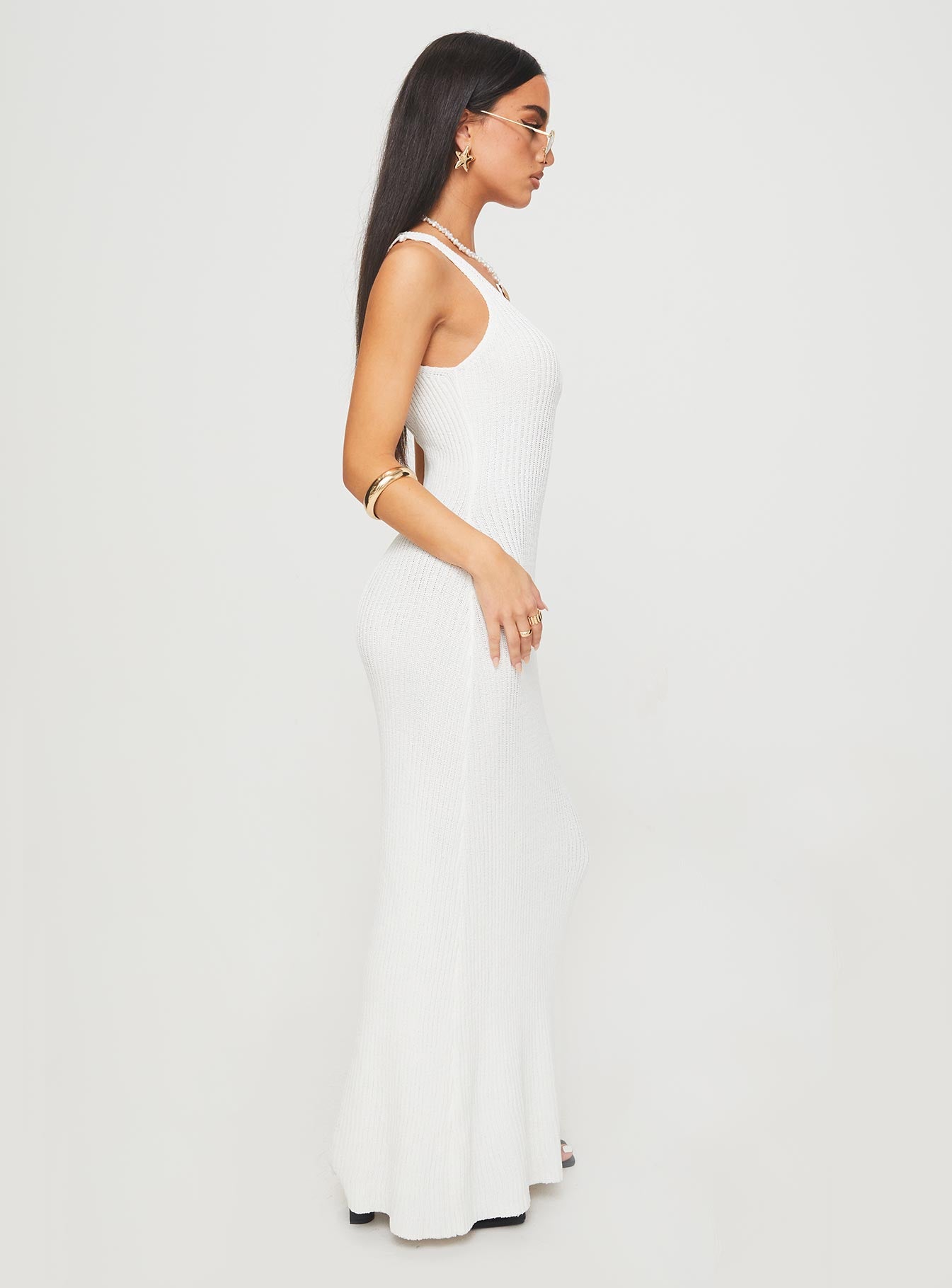 side view of model wearing Princess Polly Spirited Maxi Dress White Scoop Neck 