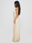 side view of model wearing Princess Polly Esti Maxi Dress Champagne Cowl Neck 