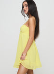 side view of model wearing Princess Polly Stolen Kisses Mini Dress Lemon Sweetheart Neckline 