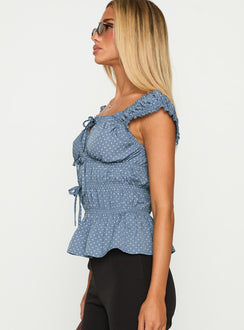 side view of model wearing Princess Polly Scouts Honour Shirred Top Blue / White Short Sleeves Square Neck 