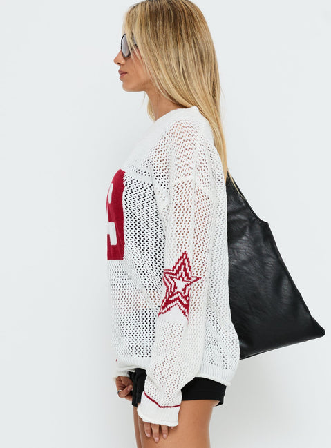 side view of model wearing Princess Polly Korrin V Neck Graphic Knit Sweater White 