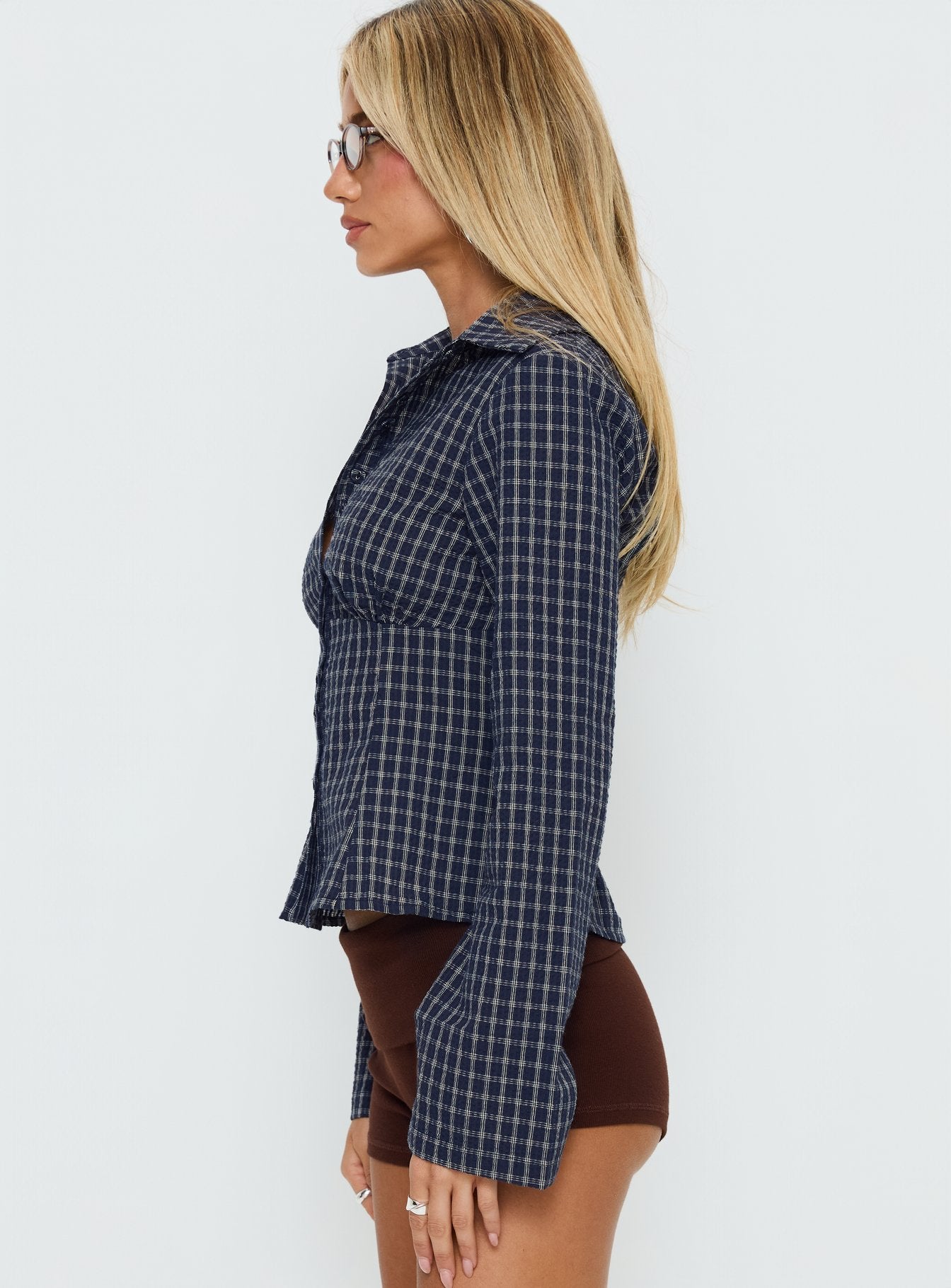 Cottesloe Long Sleeve Blouse Top Navy Check