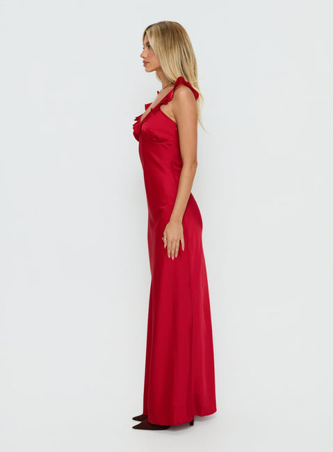 Ondrea Frill V Neck Maxi Dress Red