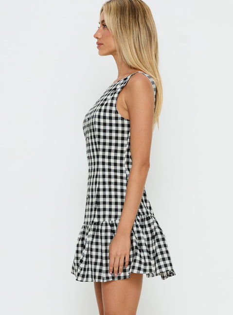 Kolbie Boat Neck Frill Mini Dress Black / White Check