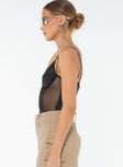 Mesh bodysuit Elasticated shoulder straps, v-neckline, boning through front, invisible zip fastening at back, brief style bottom, press button fastening