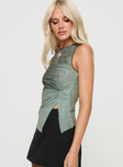 Green Top Mesh material, high neckline, pinched detail with split in hem