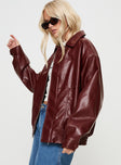 Burgundy Faux Leather jacket Oversized fit, zip fastening at front, classic collar, twin hip pockets, elasticated waistband