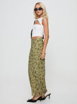   side view of model wearing Princess Polly Piazia Maxi Skirt Green Maxi 