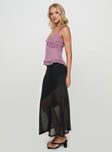   side view of model wearing Princess Polly Dauntless Sheer Maxi Skirt Black Maxi 