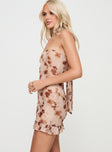 side view of model wearing Princess Polly Stockton Strapless Mini Dress Beige Floral Straight Neck 