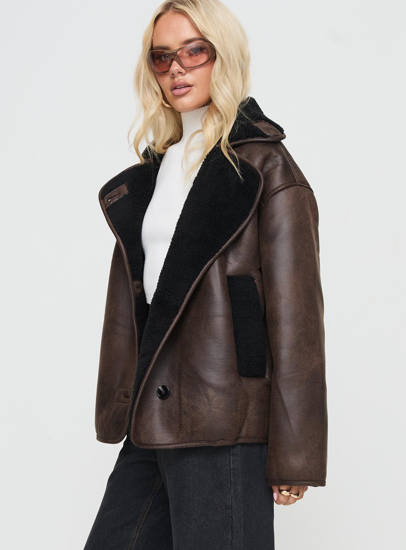 Nunez Faux Leather Jacket Washed Brown / Black | Princess Polly