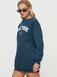 side view of model wearing Princess Polly New York Minute Mini Sweatshirt Dress Navy Crew Neck 