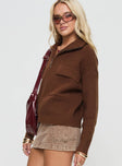 Knit sweater High neck, twin chest pockets, ribbed cuff & hem, zip fastening at front Good stretch, unlined 