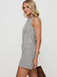 side view of model wearing Princess Polly Alfalfa Shift Mini Dress Grey Stripe Crew Neck 