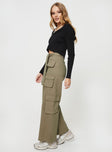 Low rise cargo pants Belt looped waist, adjustable and removable belt, zip & button fastening, six pockets, straight leg