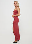 side view of model wearing Princess Polly Destinations Maxi Dress Red Plunger 