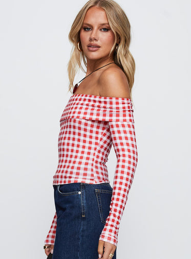 Singular Off The Shoulder Long Sleeve Top Red Check