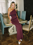 front view of model wearing Princess Polly Ultraviolet One Shoulder Lace Maxi Dress Wine Asymmetric Neckline 