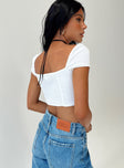 Crop top Cap sleeve  Sweetheart neckline Lace up fastening at front Shirred band at back Good stretch Lined bust