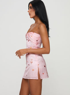 side view of model wearing Princess Polly Irena Strapless Mini Dress Pink Floral Sweetheart Neckline 
