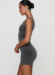 side view of model wearing Princess Polly True Desires Off The Shoulder Mini Dress Grey Asymmetric Neckline 