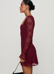 side view of model wearing Princess Polly Lucianna Long Sleeve Lace Mini Dress Burgundy Square Neck 