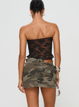 Camo print mini skirt Mid rise, belt looped waist, zip & button fastening, twin hip pockets Non-stretch material, unlined 