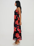 side view of model wearing Princess Polly Celik Strapless Maxi Dress Black / Floral Straight Neck 