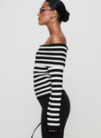 side view of model wearing Princess Polly Danyel Off The Shoulder Sweater Black / White Stripe Long 