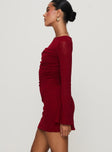 side view of model wearing Princess Polly Epiphany Long Sleeve Mini Dress Burgundy High Neck 