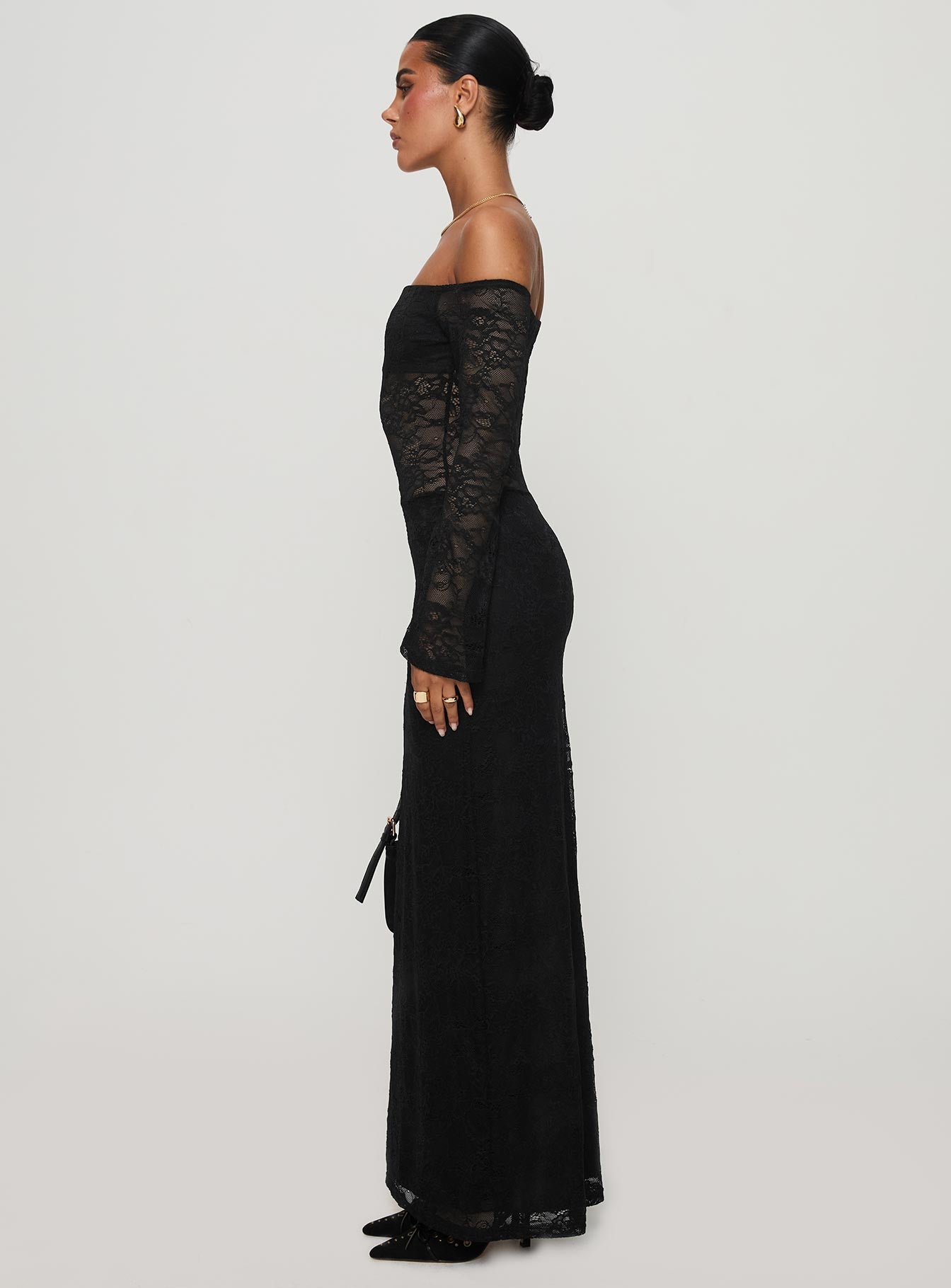 side view of model wearing Princess Polly Pinot Grigio Long Sleeve Lace Maxi Dress Black Straight Neck 