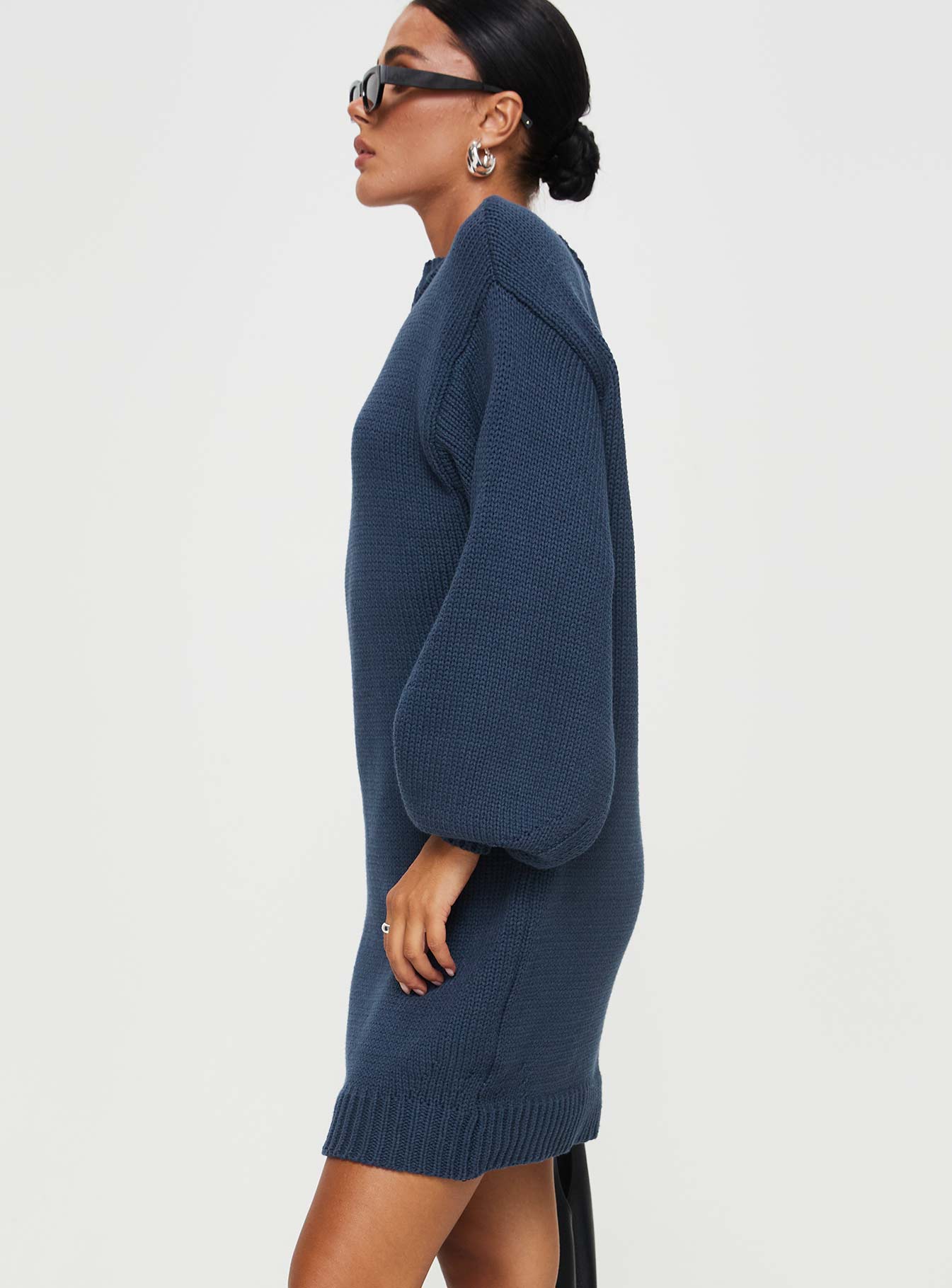 Front view of model wearing  front Princess Polly High Neck High Neck High Neck  Harmony Knit Mini Dress Navy