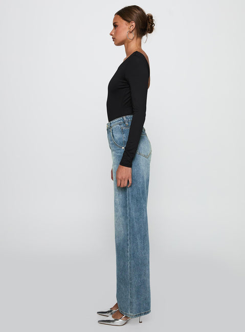 side view of model wearing Princess Polly Sacramento Straight Leg Jeans Mid Blue Denim High Waisted 